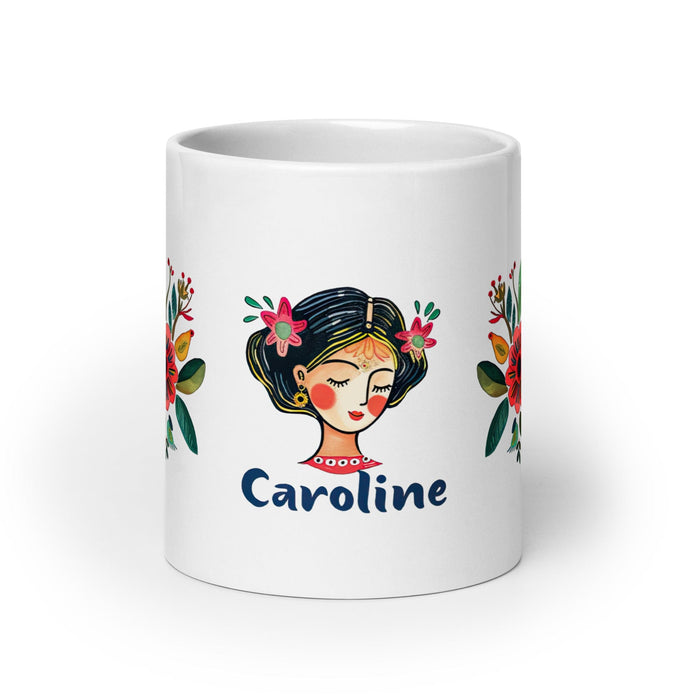 Caroline Exclusive Name Art Piece Home Office Work Coffee Mug Mexican Spanish Pride Gift Cup One-Of-A-Kind Calligraphy White Glossy Mug | C14 Mexicada