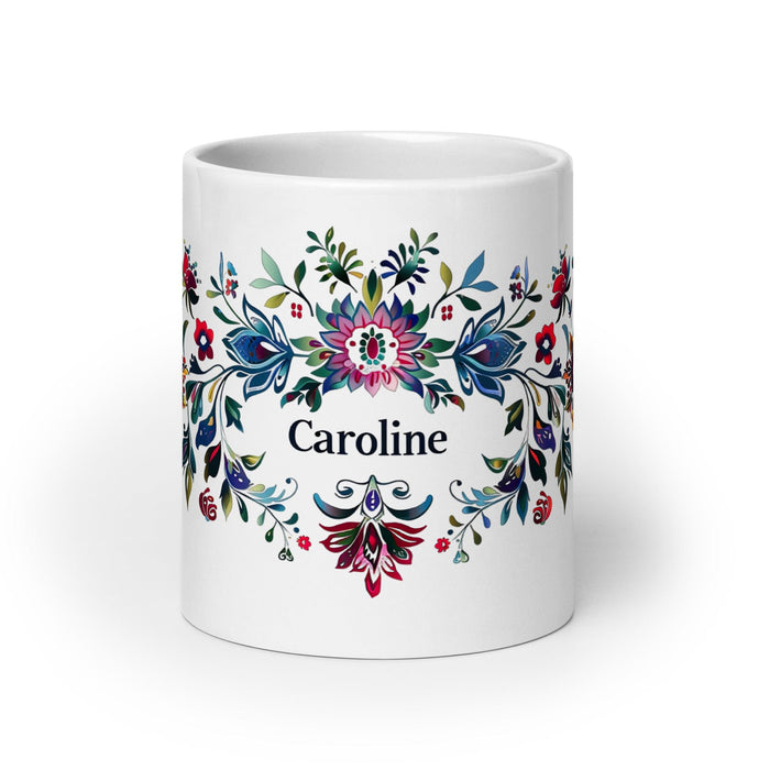 Caroline Exclusive Name Art Piece Home Office Work Coffee Mug Mexican Spanish Pride Gift Cup One-Of-A-Kind Calligraphy White Glossy Mug | C17 Mexicada