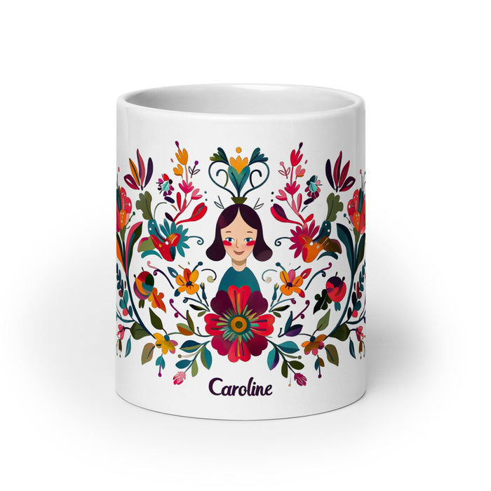 Caroline Exclusive Name Art Piece Home Office Work Coffee Mug Mexican Spanish Pride Gift Cup One-Of-A-Kind Calligraphy White Glossy Mug | C18 Mexicada