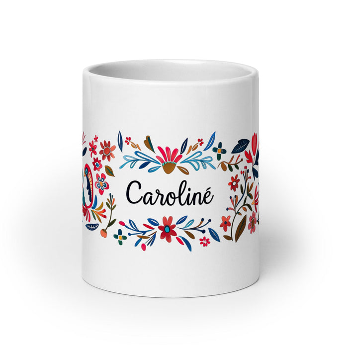 Caroline Exclusive Name Art Piece Home Office Work Coffee Mug Mexican Spanish Pride Gift Cup One-Of-A-Kind Calligraphy White Glossy Mug | C3 Mexicada