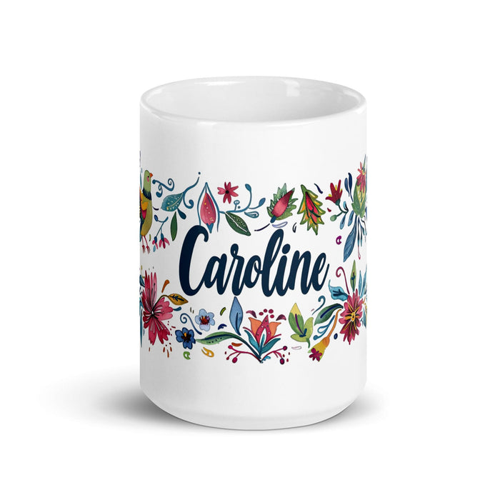 Caroline Exclusive Name Art Piece Home Office Work Coffee Mug Mexican Spanish Pride Gift Cup One-Of-A-Kind Calligraphy White Glossy Mug | C5 Mexicada