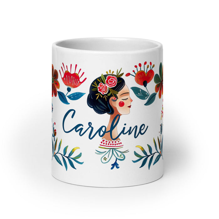 Caroline Exclusive Name Art Piece Home Office Work Coffee Mug Mexican Spanish Pride Gift Cup One-Of-A-Kind Calligraphy White Glossy Mug | C7 Mexicada