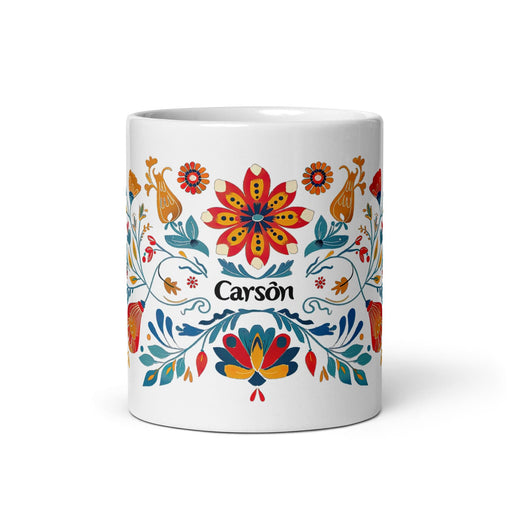 Carson Exclusive Name Art Piece Home Office Work Coffee Mug Mexican Spanish Pride Gift Cup One-Of-A-Kind Calligraphy White Glossy Mug | C2 Mexicada