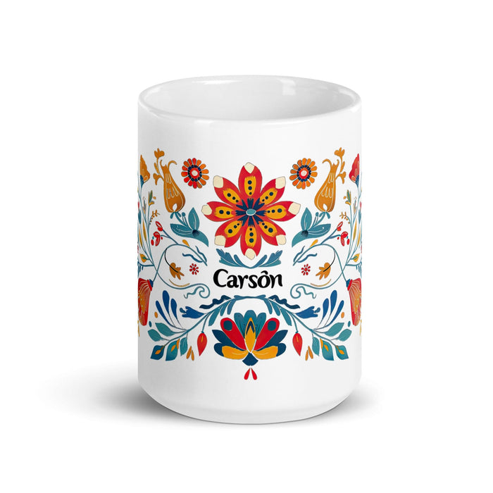 Carson Exclusive Name Art Piece Home Office Work Coffee Mug Mexican Spanish Pride Gift Cup One-Of-A-Kind Calligraphy White Glossy Mug | C2 Mexicada