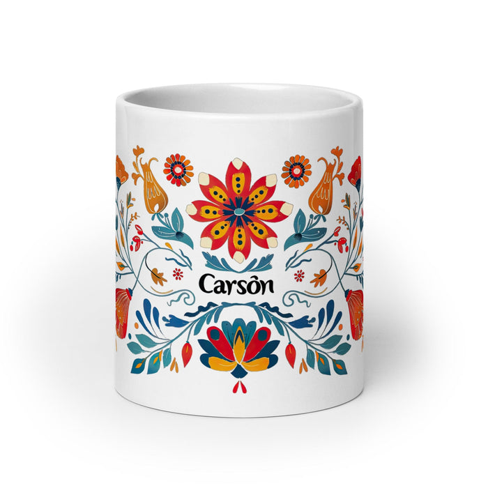 Carson Exclusive Name Art Piece Home Office Work Coffee Mug Mexican Spanish Pride Gift Cup One-Of-A-Kind Calligraphy White Glossy Mug | C2 Mexicada