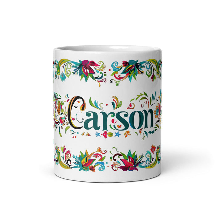 Carson Exclusive Name Art Piece Home Office Work Coffee Mug Mexican Spanish Pride Gift Cup One-Of-A-Kind Calligraphy White Glossy Mug | C4 Mexicada