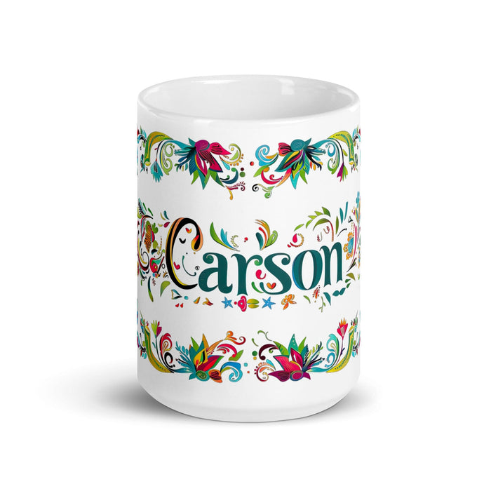 Carson Exclusive Name Art Piece Home Office Work Coffee Mug Mexican Spanish Pride Gift Cup One-Of-A-Kind Calligraphy White Glossy Mug | C4 Mexicada