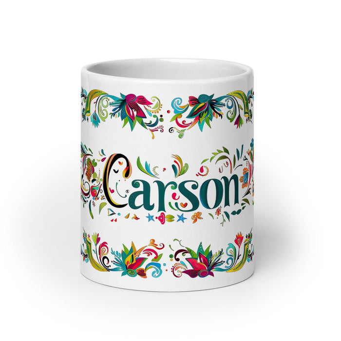 Carson Exclusive Name Art Piece Home Office Work Coffee Mug Mexican Spanish Pride Gift Cup One-Of-A-Kind Calligraphy White Glossy Mug | C4 Mexicada