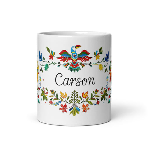 Carson Exclusive Name Art Piece Home Office Work Coffee Mug Mexican Spanish Pride Gift Cup One-Of-A-Kind Calligraphy White Glossy Mug | C5 Mexicada