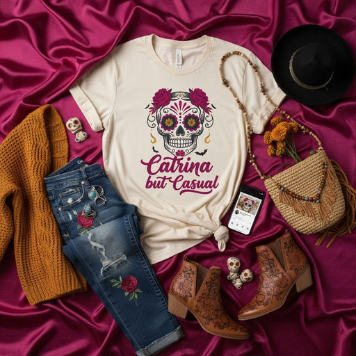Catrina but Casual Sugar Skull Day of the Dead T-Shirt with Floral Crown, Dia de Muertos Graphic Tee, Women's Halloween and Fall Casual Wear Mexicada