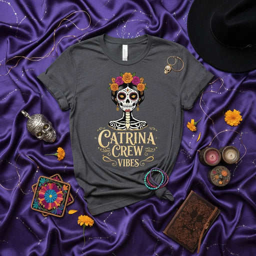 Catrina Crew Vibes Dia De Los Muertos T-Shirt, Sugar Skull Flower Crown Day of the Dead Shirt, Catrina Skeleton Halloween Costume Top, Unisex Graphic Tee, Mexican Holiday Celebration Apparel Mexicada