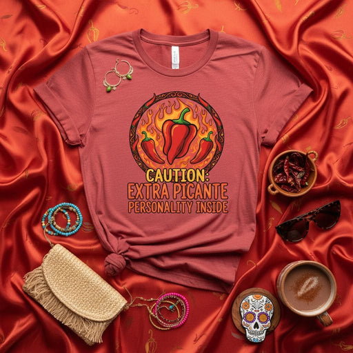 CAUTION: EXTRA PICANTE PERSONALITY INSIDE Graphic Tee for Men & Women, Spicy Chili Pepper T-Shirt, Hot Sauce Lover Gift, Unisex Funny Food Humor Shirt, Cinco de Mayo, Dia de Muertos Apparel Mexicada