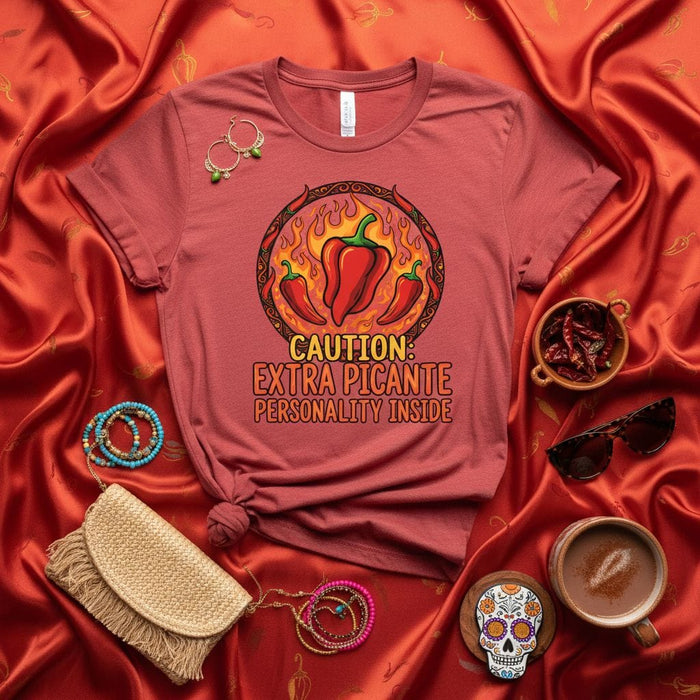CAUTION: EXTRA PICANTE PERSONALITY INSIDE Graphic Tee for Men & Women, Spicy Chili Pepper T-Shirt, Hot Sauce Lover Gift, Unisex Funny Food Humor Shirt, Cinco de Mayo, Dia de Muertos Apparel Mexicada