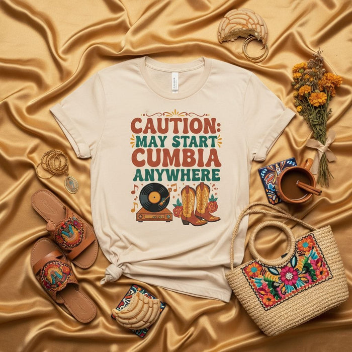 Caution: May Start Cumbia Anywhere T-Shirt, Cumbia Dance Shirt, Cumbia Music Lover Gift, Latin American Folkloric Dance Top, Retro Turntable and Cowboy Boots Graphic Tee, Unisex Aesthetic Apparel Mexicada