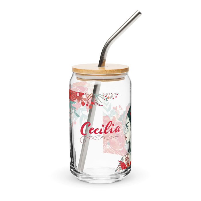 Cecilia Exclusive Name Art Piece Can-Shaped Glass Home Office Work Mexican Spanish Pride Gift Cup One-Of-A-Kind Calligraphy Glass | C4 Mexicada 16 oz With Lid & Straw