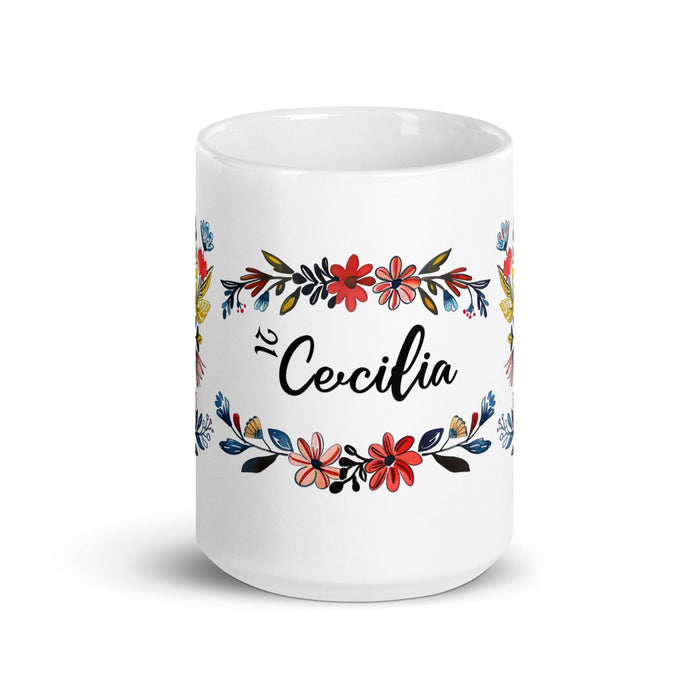 Cecilia Exclusive Name Art Piece Home Office Work Coffee Mug Mexican Spanish Pride Gift Cup One-Of-A-Kind Calligraphy White Glossy Mug | C11 Mexicada