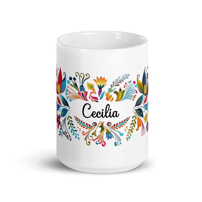 Cecilia Exclusive Name Art Piece Home Office Work Coffee Mug Mexican Spanish Pride Gift Cup One-Of-A-Kind Calligraphy White Glossy Mug | C17 Mexicada