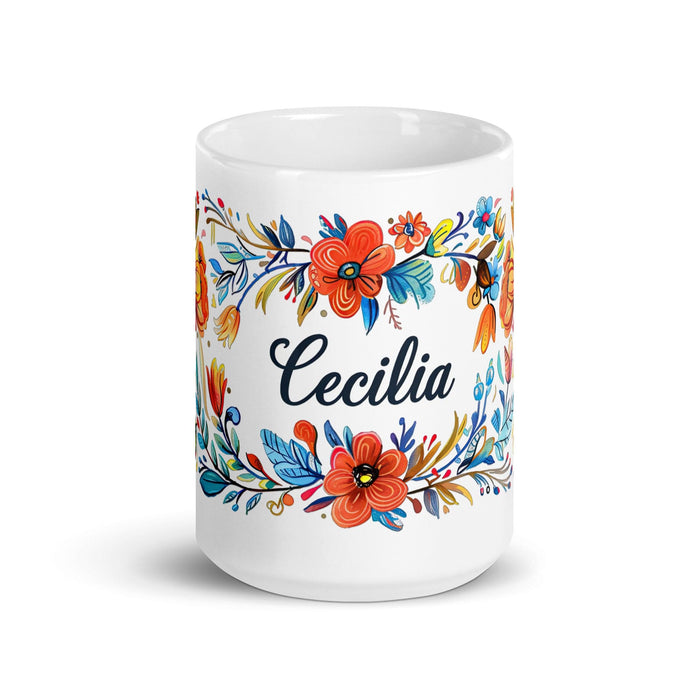 Cecilia Exclusive Name Art Piece Home Office Work Coffee Mug Mexican Spanish Pride Gift Cup One-Of-A-Kind Calligraphy White Glossy Mug | C22 Mexicada