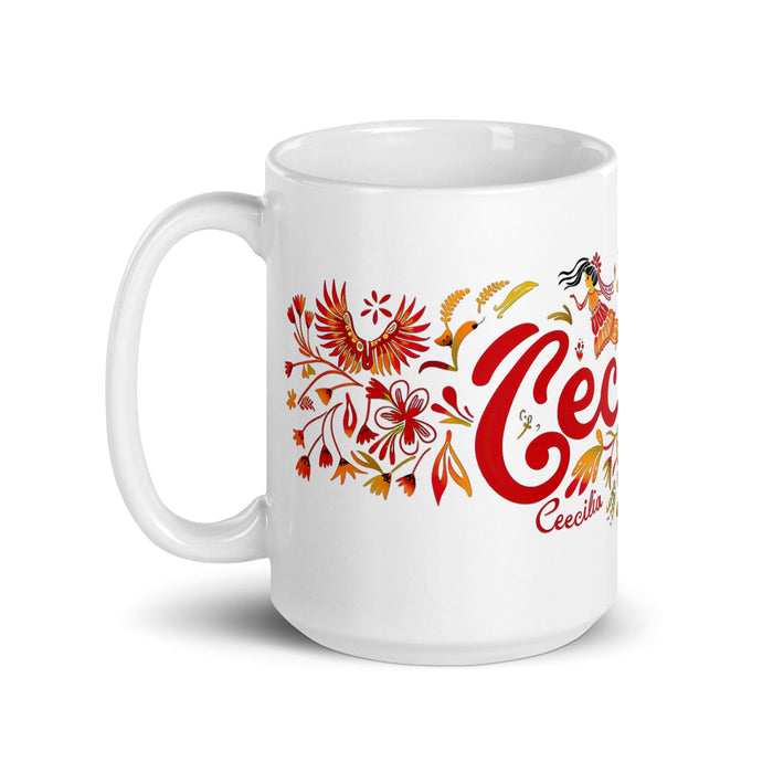 Cecilia Exclusive Name Art Piece Home Office Work Coffee Mug Mexican Spanish Pride Gift Cup One-Of-A-Kind Calligraphy White Glossy Mug | C24 Mexicada