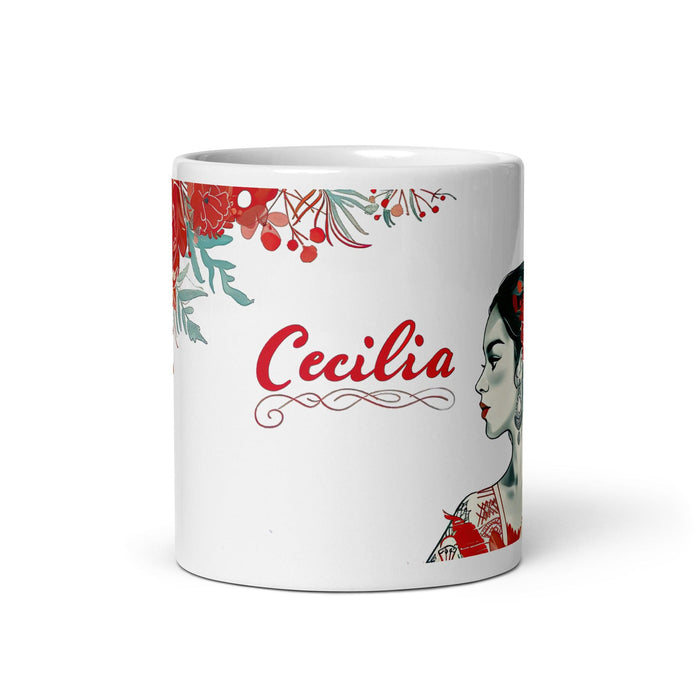 Cecilia Exclusive Name Art Piece Home Office Work Coffee Mug Mexican Spanish Pride Gift Cup One-Of-A-Kind Calligraphy White Glossy Mug | C4 Mexicada