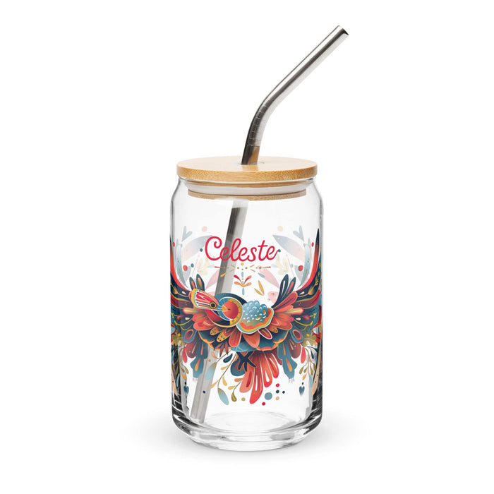 Celeste Exclusive Name Art Piece Can-Shaped Glass Home Office Work Mexican Spanish Pride Gift Cup One-Of-A-Kind Calligraphy Glass | C7 Mexicada 16 oz With Lid & Straw