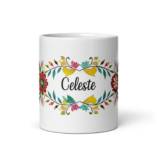 Celeste Exclusive Name Art Piece Home Office Work Coffee Mug Mexican Spanish Pride Gift Cup One-Of-A-Kind Calligraphy White Glossy Mug | C11 Mexicada