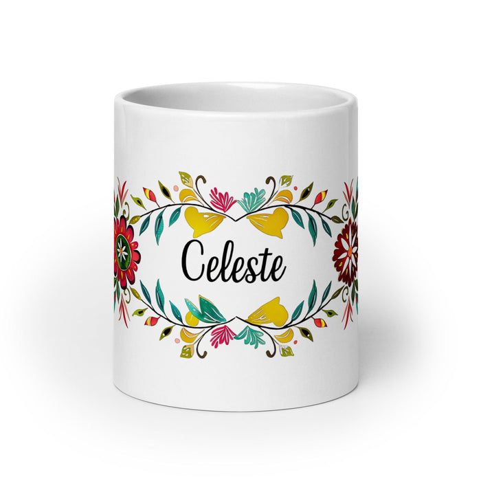 Celeste Exclusive Name Art Piece Home Office Work Coffee Mug Mexican Spanish Pride Gift Cup One-Of-A-Kind Calligraphy White Glossy Mug | C11 Mexicada