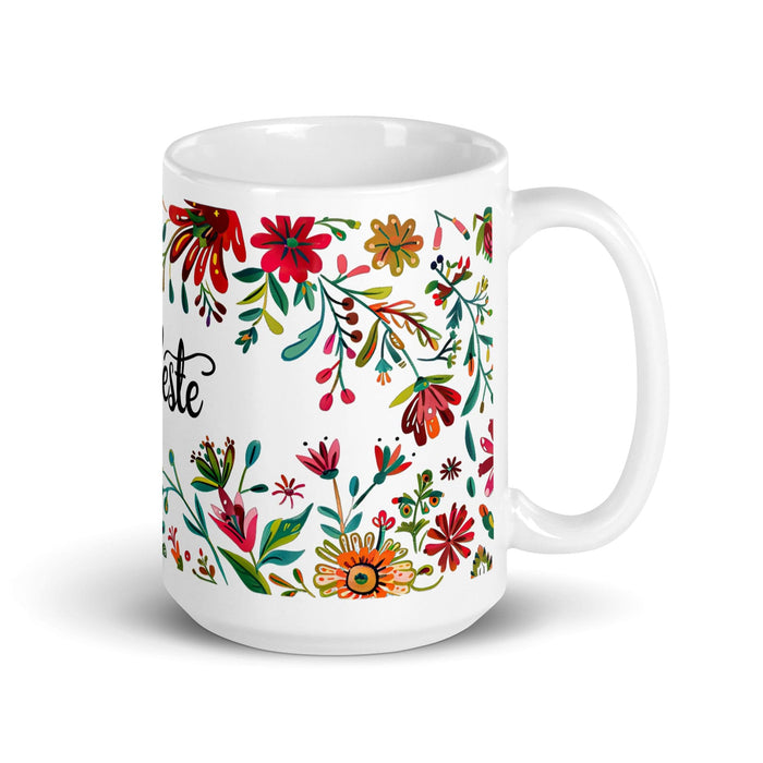 Celeste Exclusive Name Art Piece Home Office Work Coffee Mug Mexican Spanish Pride Gift Cup One-Of-A-Kind Calligraphy White Glossy Mug | C13 Mexicada 15 oz