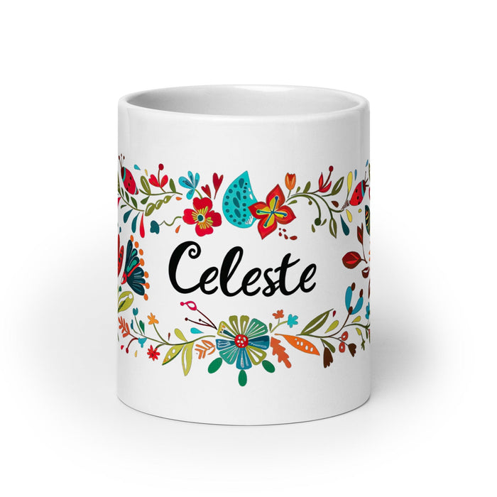 Celeste Exclusive Name Art Piece Home Office Work Coffee Mug Mexican Spanish Pride Gift Cup One-Of-A-Kind Calligraphy White Glossy Mug | C15 Mexicada