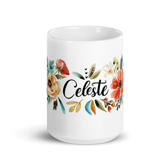 Celeste Exclusive Name Art Piece Home Office Work Coffee Mug Mexican Spanish Pride Gift Cup One-Of-A-Kind Calligraphy White Glossy Mug | C16 Mexicada