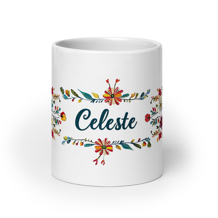 Celeste Exclusive Name Art Piece Home Office Work Coffee Mug Mexican Spanish Pride Gift Cup One-Of-A-Kind Calligraphy White Glossy Mug | C17 Mexicada