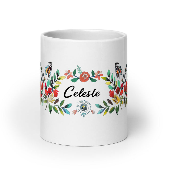 Celeste Exclusive Name Art Piece Home Office Work Coffee Mug Mexican Spanish Pride Gift Cup One-Of-A-Kind Calligraphy White Glossy Mug | C18 Mexicada