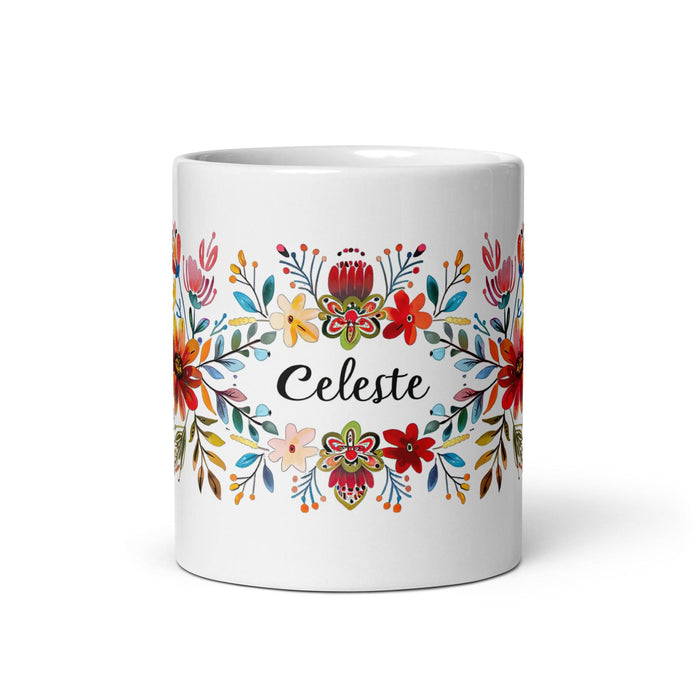 Celeste Exclusive Name Art Piece Home Office Work Coffee Mug Mexican Spanish Pride Gift Cup One-Of-A-Kind Calligraphy White Glossy Mug | C2 Mexicada