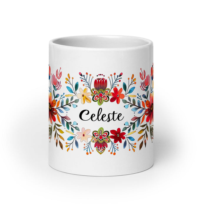 Celeste Exclusive Name Art Piece Home Office Work Coffee Mug Mexican Spanish Pride Gift Cup One-Of-A-Kind Calligraphy White Glossy Mug | C2 Mexicada