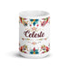 Celeste Exclusive Name Art Piece Home Office Work Coffee Mug Mexican Spanish Pride Gift Cup One-Of-A-Kind Calligraphy White Glossy Mug | C4 Mexicada