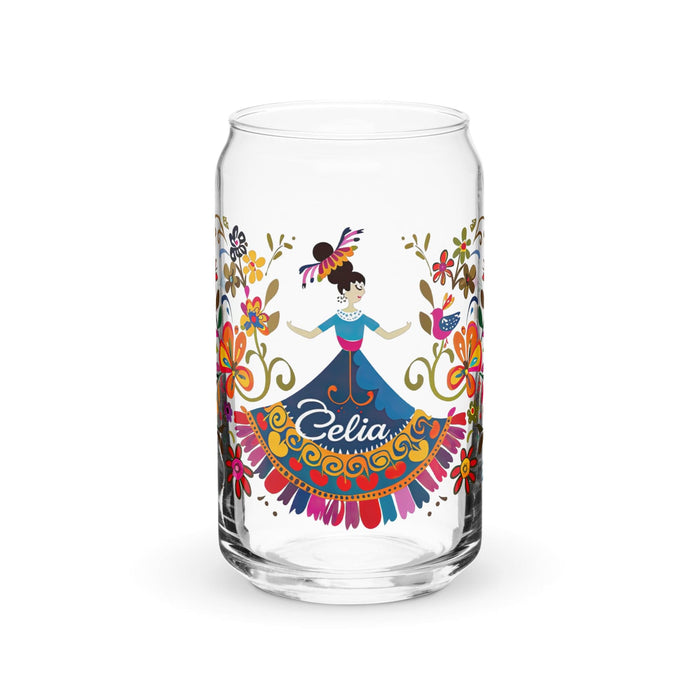 Celia Exclusive Name Art Piece Can-Shaped Glass Home Office Work Mexican Spanish Pride Gift Cup One-Of-A-Kind Calligraphy Glass | C1 Mexicada 16 oz