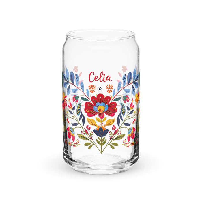 Celia Exclusive Name Art Piece Can-Shaped Glass Home Office Work Mexican Spanish Pride Gift Cup One-Of-A-Kind Calligraphy Glass | C14 Mexicada 16 oz