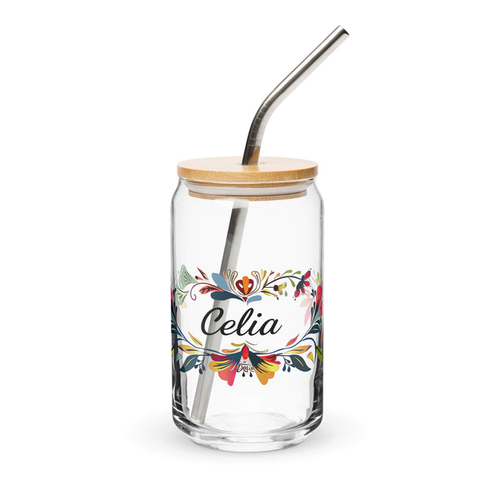 Celia Exclusive Name Art Piece Can-Shaped Glass Home Office Work Mexican Spanish Pride Gift Cup One-Of-A-Kind Calligraphy Glass | C7 Mexicada 16 oz With Lid & Straw