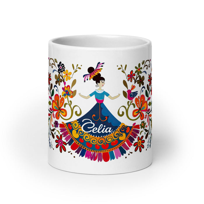 Celia Exclusive Name Art Piece Home Office Work Coffee Mug Mexican Spanish Pride Gift Cup One-Of-A-Kind Calligraphy White Glossy Mug | C1 Mexicada