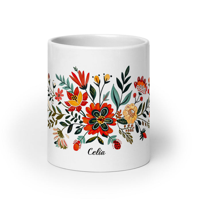 Celia Exclusive Name Art Piece Home Office Work Coffee Mug Mexican Spanish Pride Gift Cup One-Of-A-Kind Calligraphy White Glossy Mug | C10 Mexicada