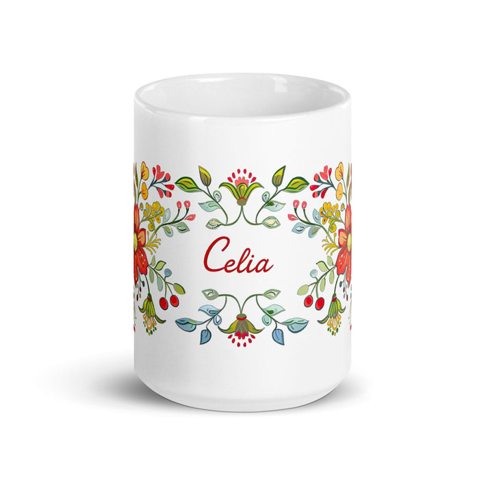 Celia Exclusive Name Art Piece Home Office Work Coffee Mug Mexican Spanish Pride Gift Cup One-Of-A-Kind Calligraphy White Glossy Mug | C11 Mexicada