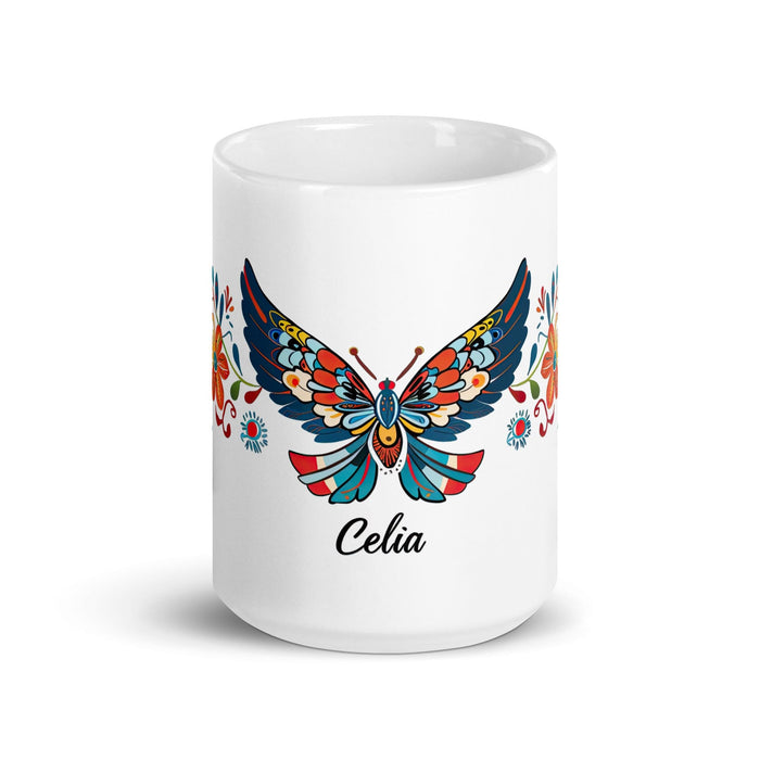 Celia Exclusive Name Art Piece Home Office Work Coffee Mug Mexican Spanish Pride Gift Cup One-Of-A-Kind Calligraphy White Glossy Mug | C12 Mexicada