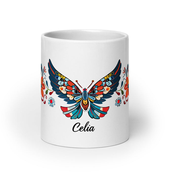 Celia Exclusive Name Art Piece Home Office Work Coffee Mug Mexican Spanish Pride Gift Cup One-Of-A-Kind Calligraphy White Glossy Mug | C12 Mexicada