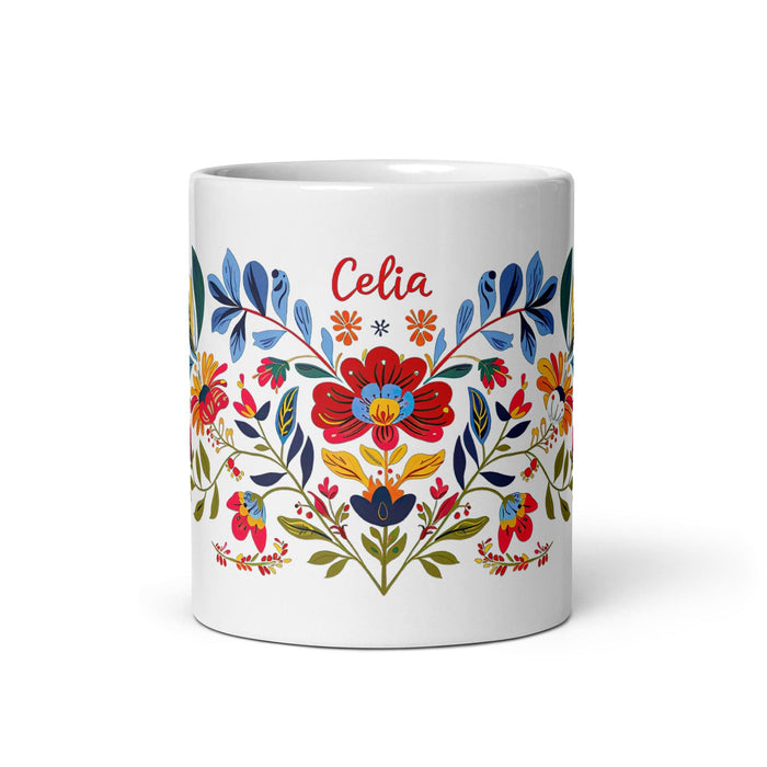 Celia Exclusive Name Art Piece Home Office Work Coffee Mug Mexican Spanish Pride Gift Cup One-Of-A-Kind Calligraphy White Glossy Mug | C14 Mexicada