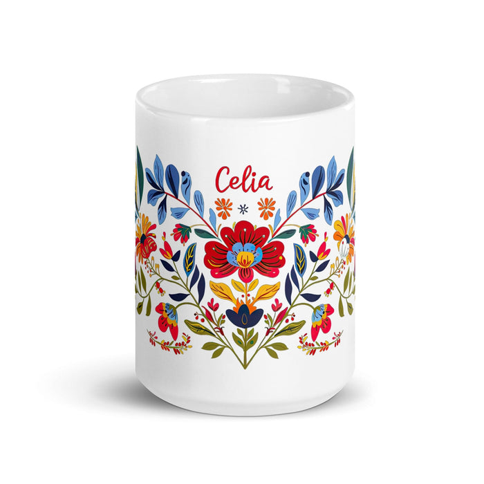 Celia Exclusive Name Art Piece Home Office Work Coffee Mug Mexican Spanish Pride Gift Cup One-Of-A-Kind Calligraphy White Glossy Mug | C14 Mexicada