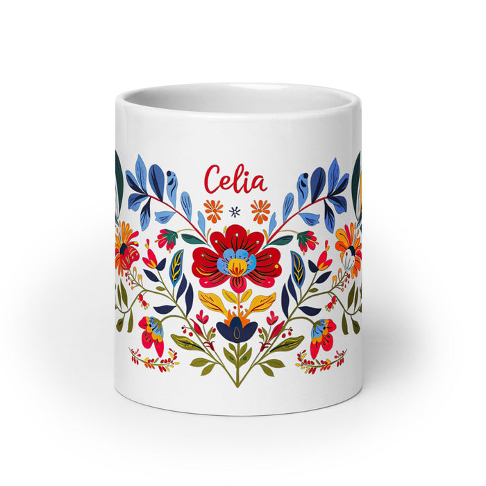 Celia Exclusive Name Art Piece Home Office Work Coffee Mug Mexican Spanish Pride Gift Cup One-Of-A-Kind Calligraphy White Glossy Mug | C14 Mexicada