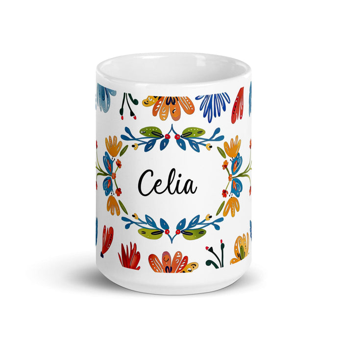 Celia Exclusive Name Art Piece Home Office Work Coffee Mug Mexican Spanish Pride Gift Cup One-Of-A-Kind Calligraphy White Glossy Mug | C15 Mexicada