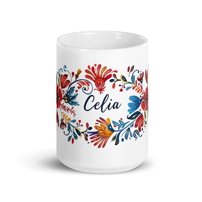 Celia Exclusive Name Art Piece Home Office Work Coffee Mug Mexican Spanish Pride Gift Cup One-Of-A-Kind Calligraphy White Glossy Mug | C16 Mexicada