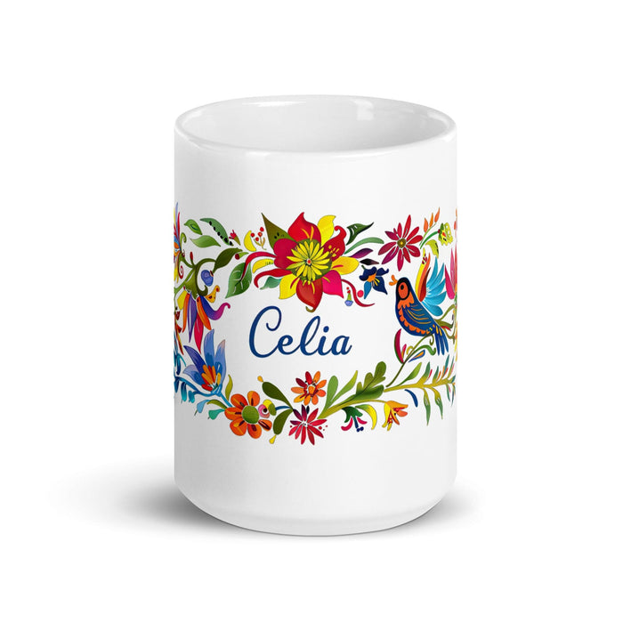 Celia Exclusive Name Art Piece Home Office Work Coffee Mug Mexican Spanish Pride Gift Cup One-Of-A-Kind Calligraphy White Glossy Mug | C17 Mexicada