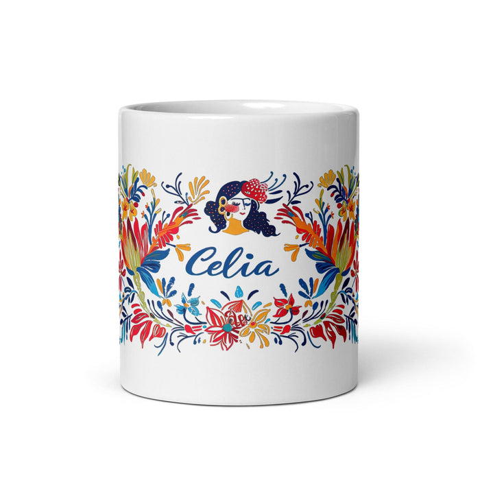 Celia Exclusive Name Art Piece Home Office Work Coffee Mug Mexican Spanish Pride Gift Cup One-Of-A-Kind Calligraphy White Glossy Mug | C19 Mexicada